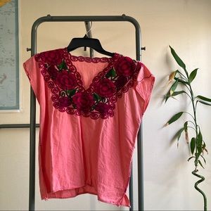Oaxacan Linen Embroidered Pink Shirt